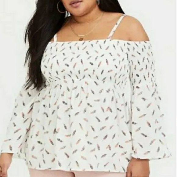 TORRID Feather Novelty Print Smocked Cold Shoulder Long Sleeve White Top 1X NWT - Picture 6 of 13